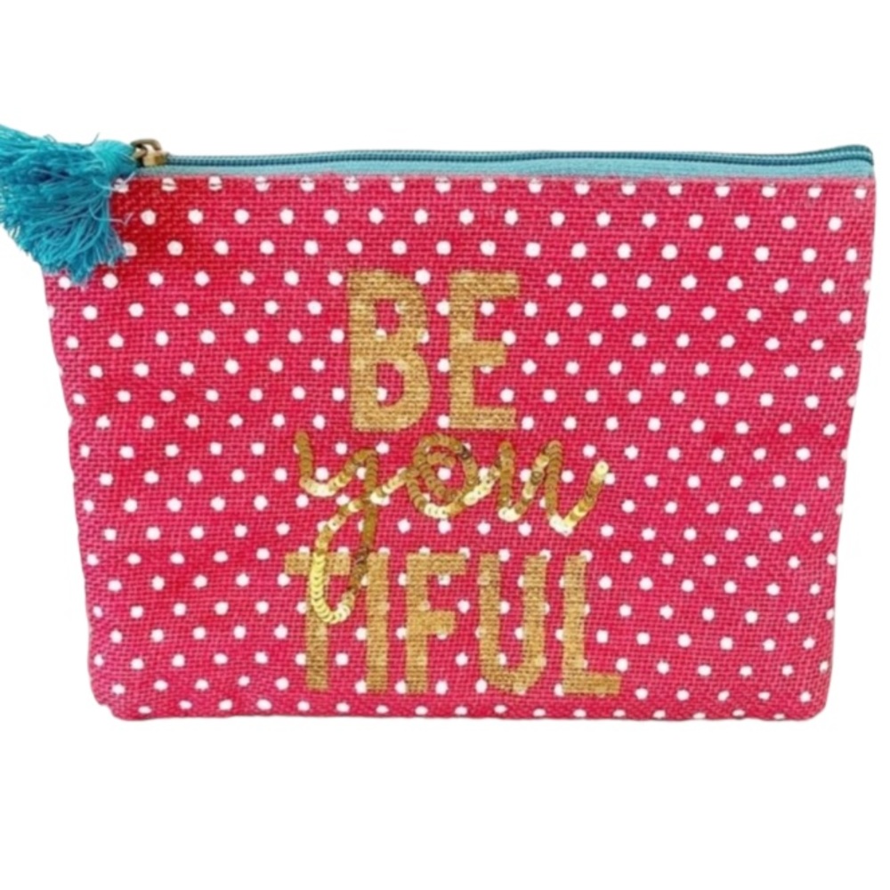 Mud Pie be-you-tiful pink polka dot cosmetics pouch